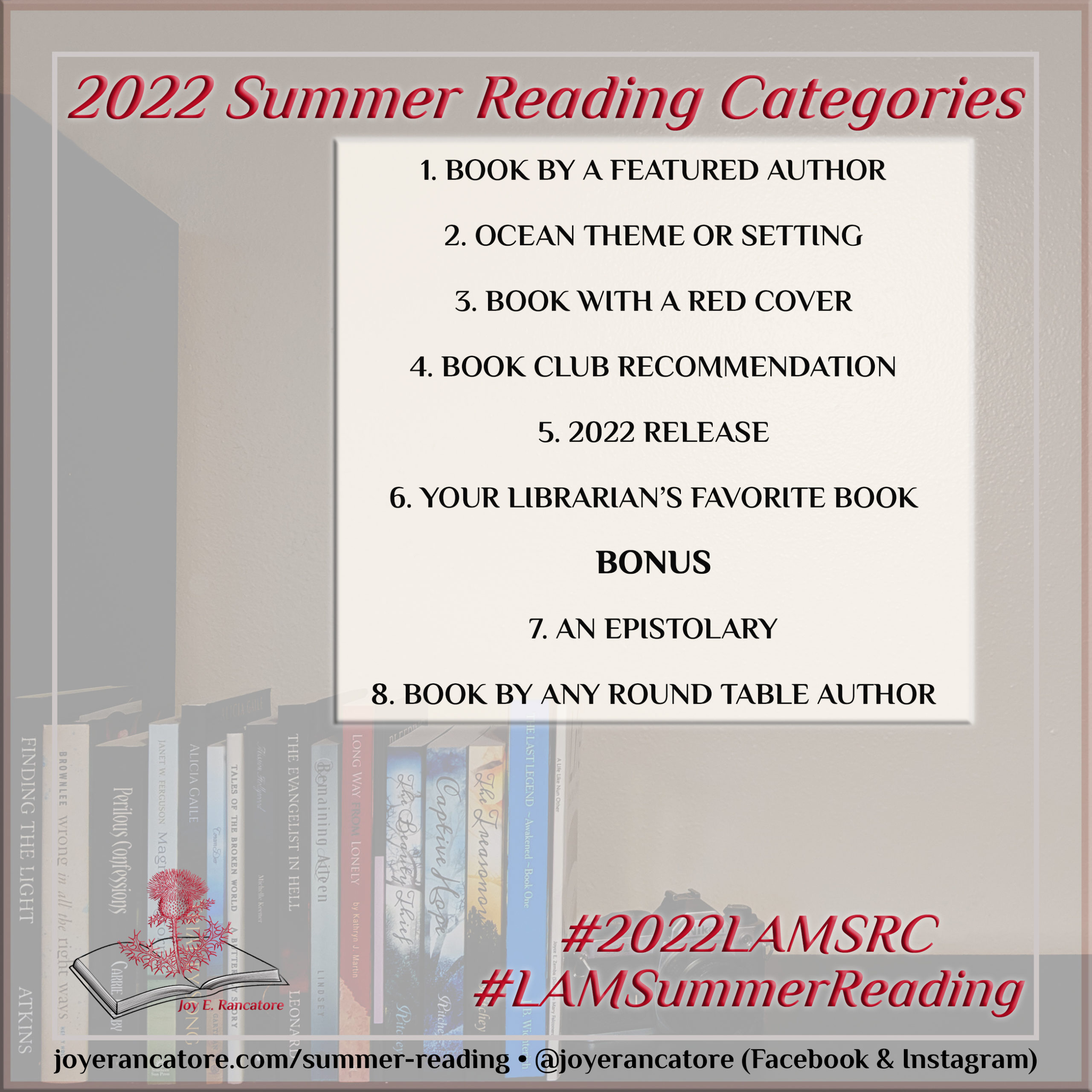 Reading categories for the Logos and Mythos Summer Reading Challenge, hosted by Indie Author Joy E. Rancatore.