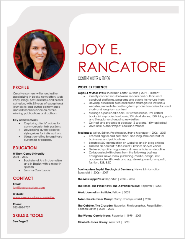 Joy E. Rancatore Content Writer and Editor Resume Image