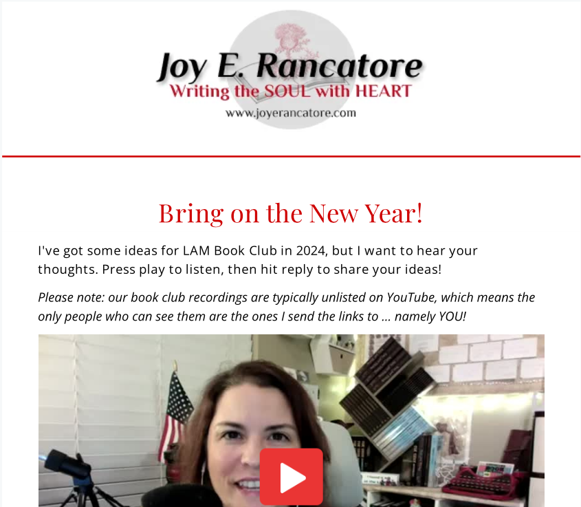 screenshot of Joy E. Rancatore's LAM Book Club December 2023 Newsletter