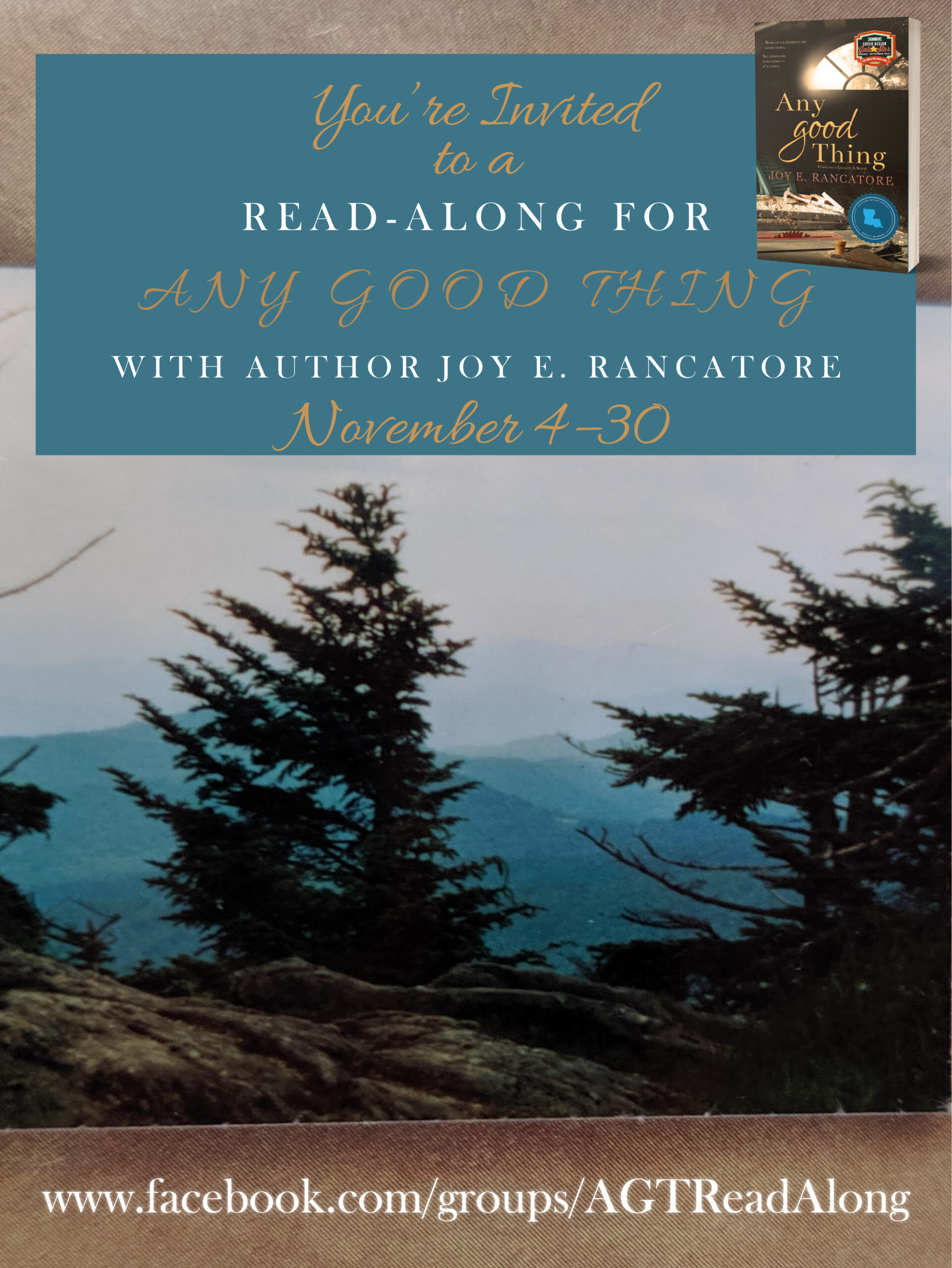 Invitation to a Read-Along of Any Good Thing with author Joy E. Rancatore in November 2024 with a link to a Facebook group.