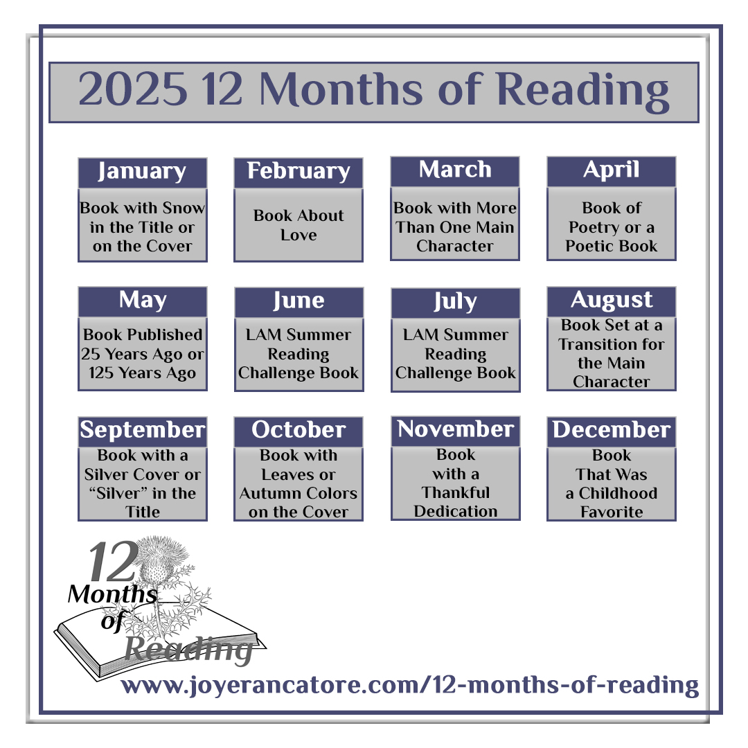 Graphic containing the 2025 12 Months of Reading Challenge Categories