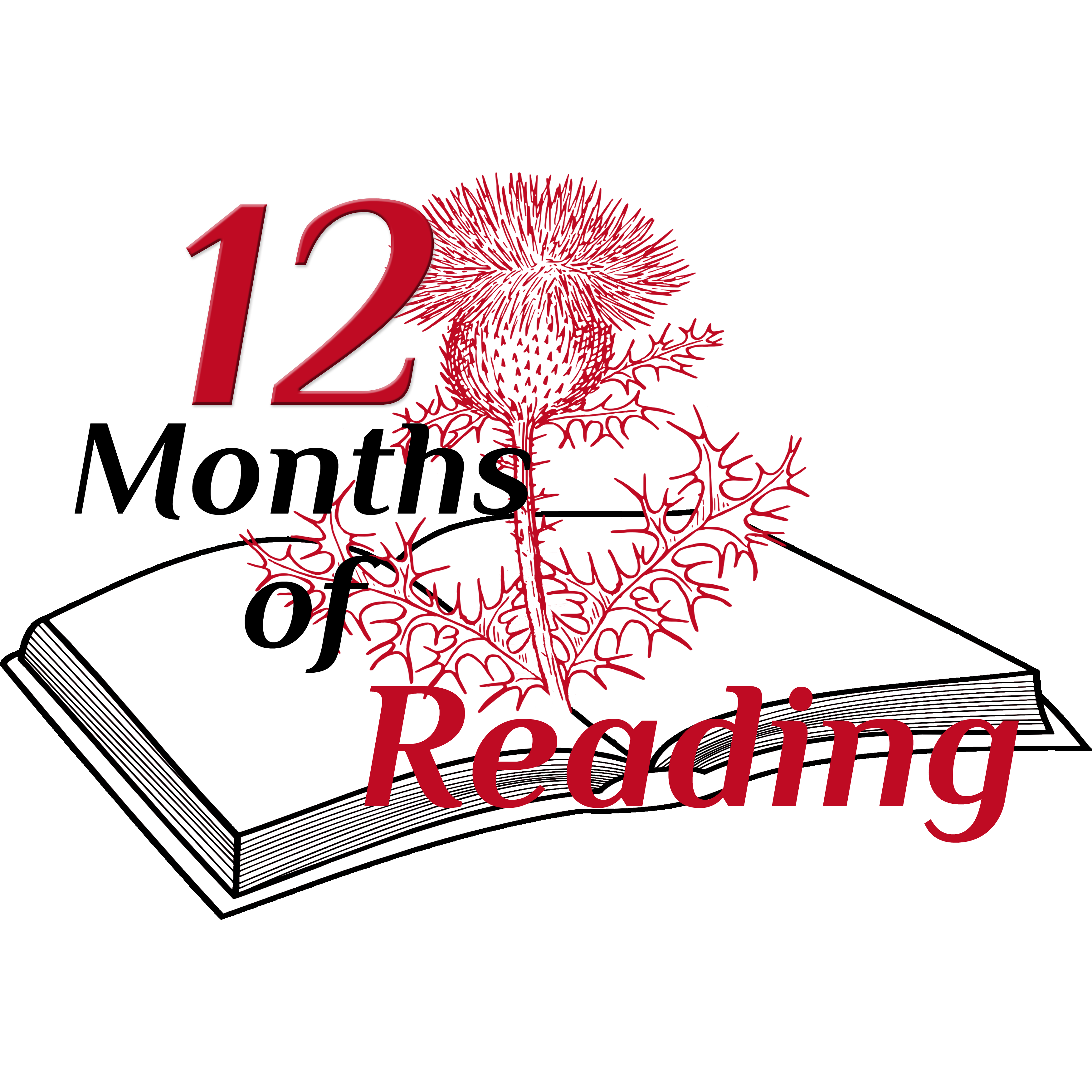 A red and black logo of a thistle growing out of an open book with the words 12 Months of Reading; the logo for a twelve-month reading challenge hosted by indie author Joy E. Rancatore