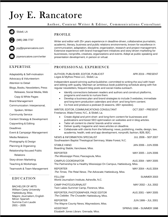 Joy E. Rancatore Content Writer and Editor Resume Image