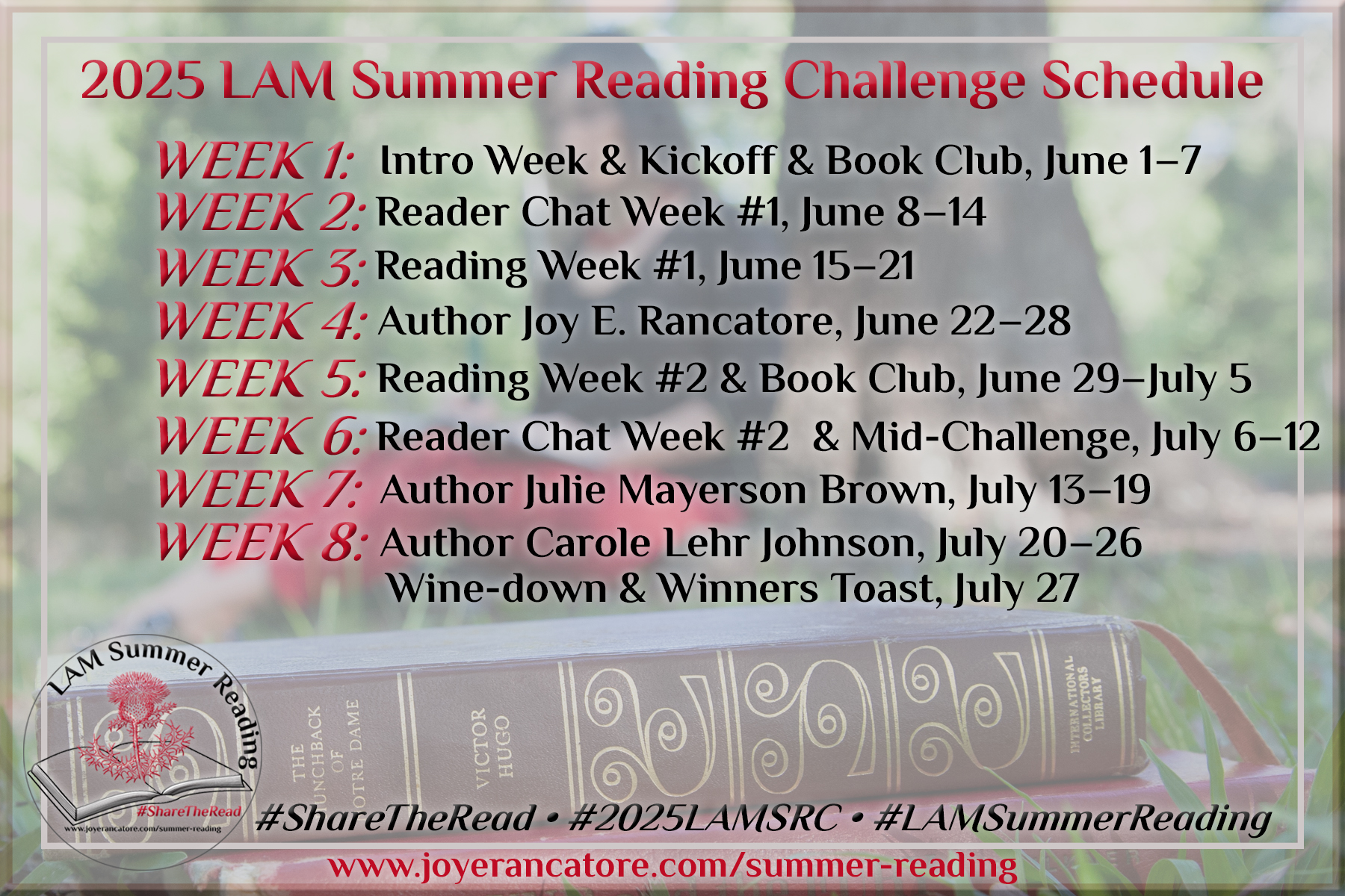Graphic containing the schedule of events for the 2025 LAM Summer Reading Challenge.