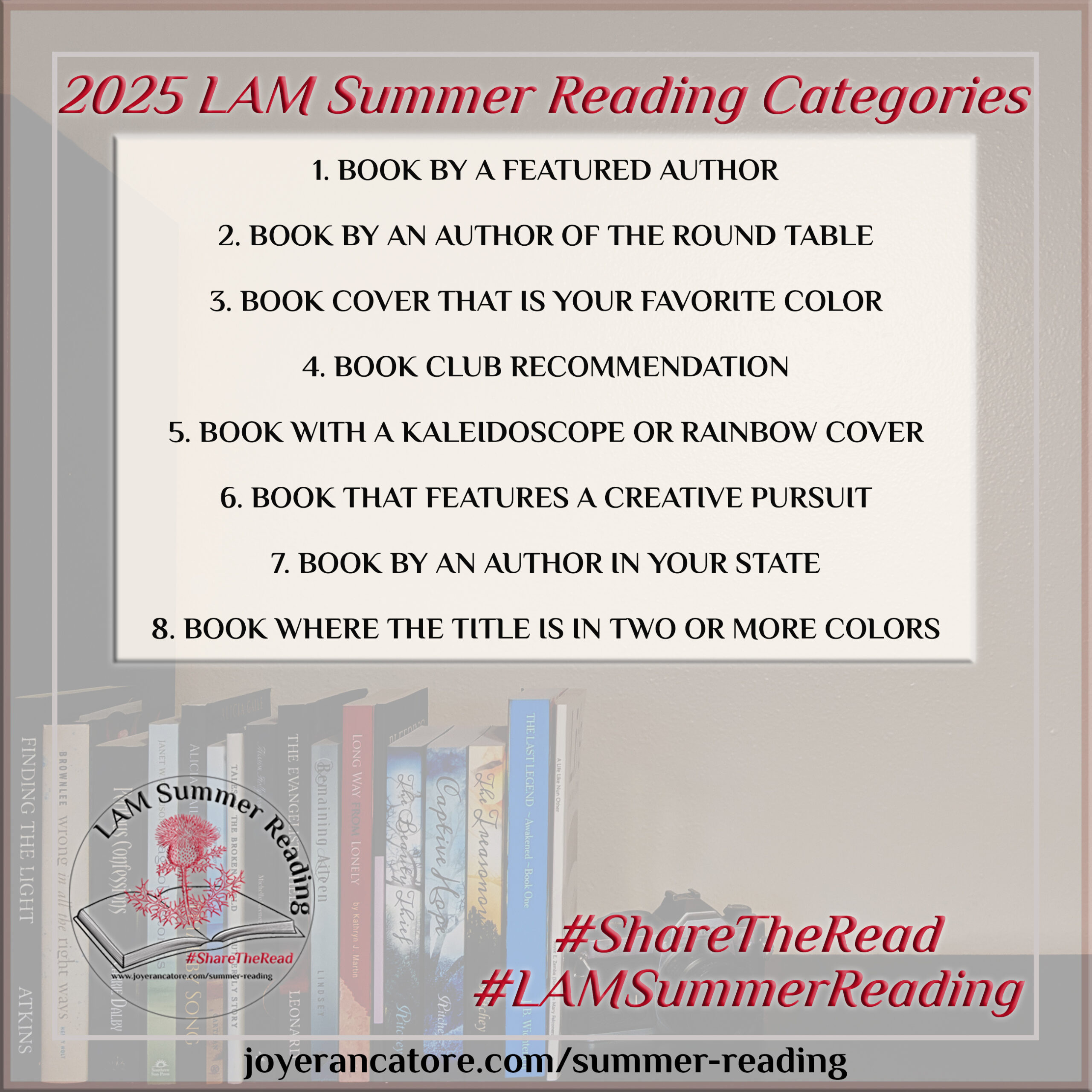 Graphic listing the eight book categories for the 2025 LAM Summer Reading Challenge.