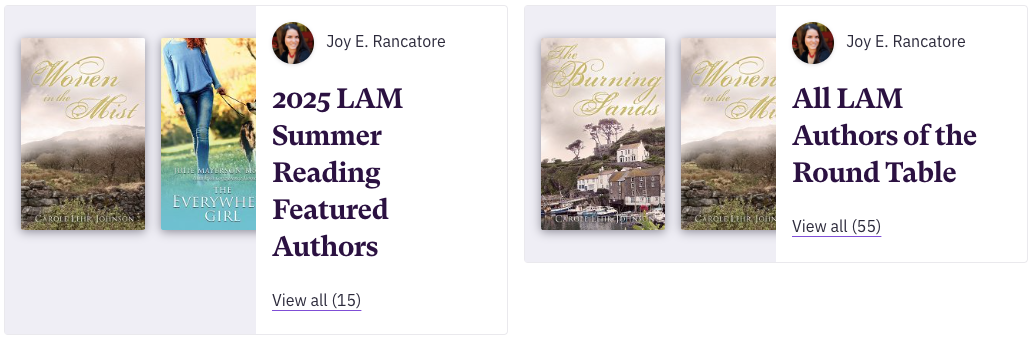 Screenshot of two book lists on Joy E. Rancatore's bookshop .org shop.